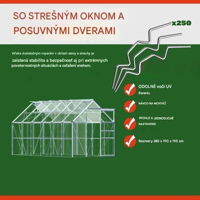 InternetovaZahrada Záhradný skleník 380x190x195 cm + základňa
