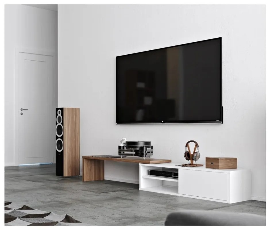 Biely televízny stolík s detailmi v dekore orechového dreva TemaHome Move