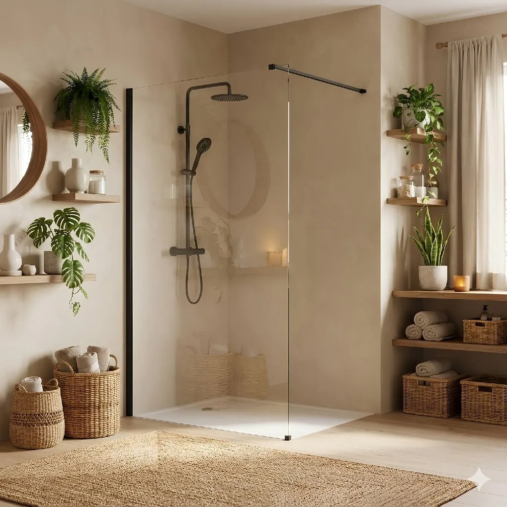 Bezrámová sprchová zástena REA FLEXI BLACK 70 cm, čierna/transparent - bez vaničky