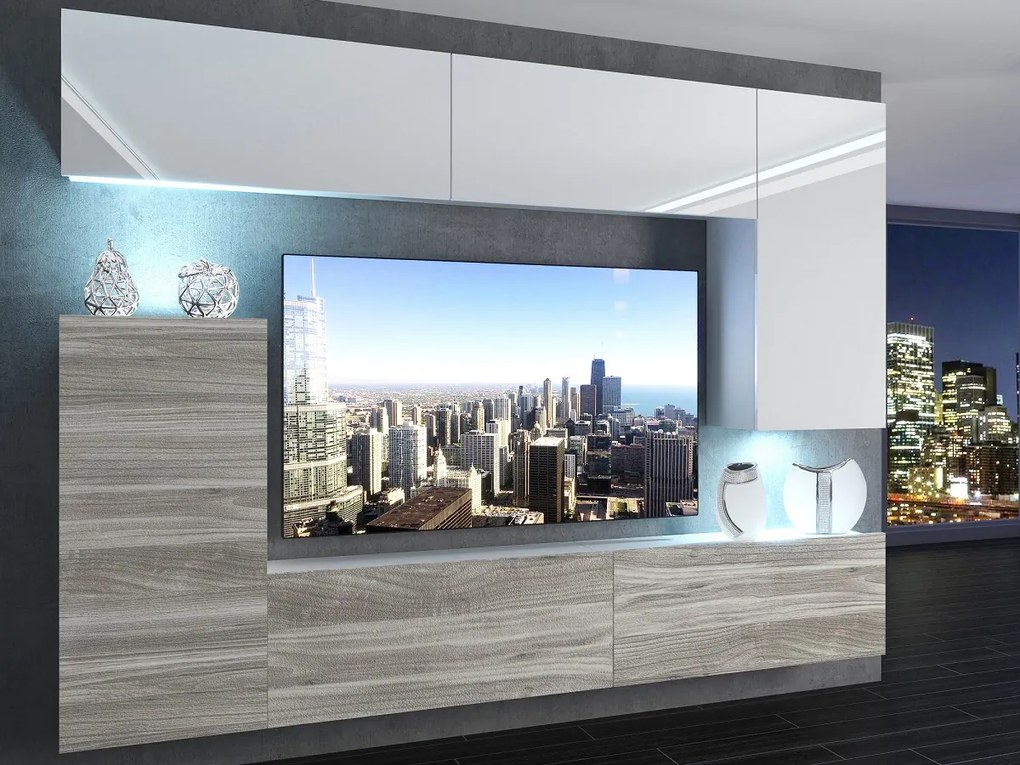 Obývacia stena 250 cm Belini biely lesk / šedý antracit Glamour Wood Imperium8 IMP 8/5/W/WGW1/0/0