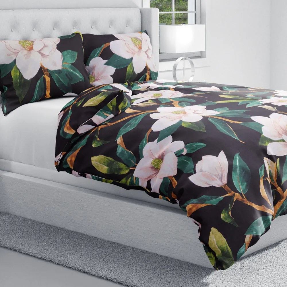 Biante Bavlnené posteľné obliečky Sandra SA-300 Kvety magnólie na čiernom Predĺžené 140x220 a 70x90 cm