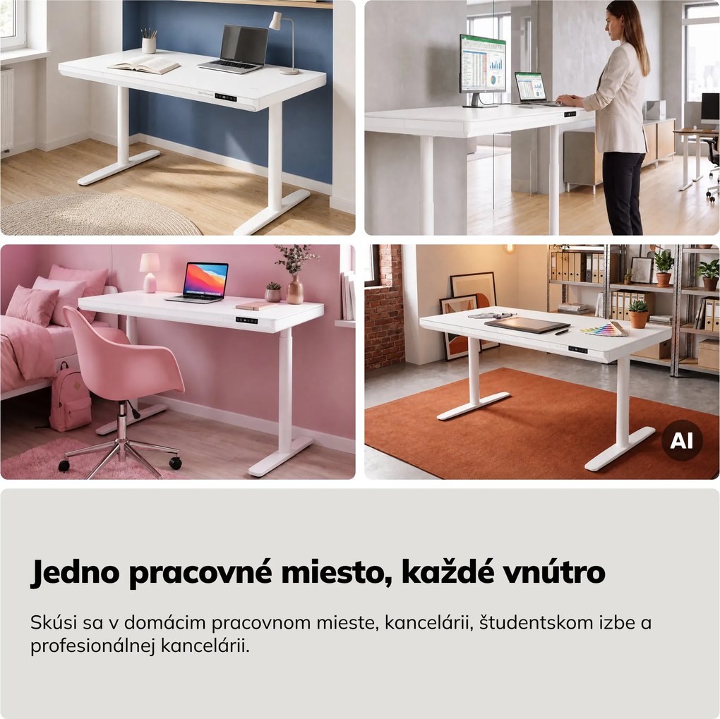 Elektrický písací stôl sit-stand so zásuvkou a bezdrôtovou nabíjačkou Qi biely, 1400 mm: ELLIS