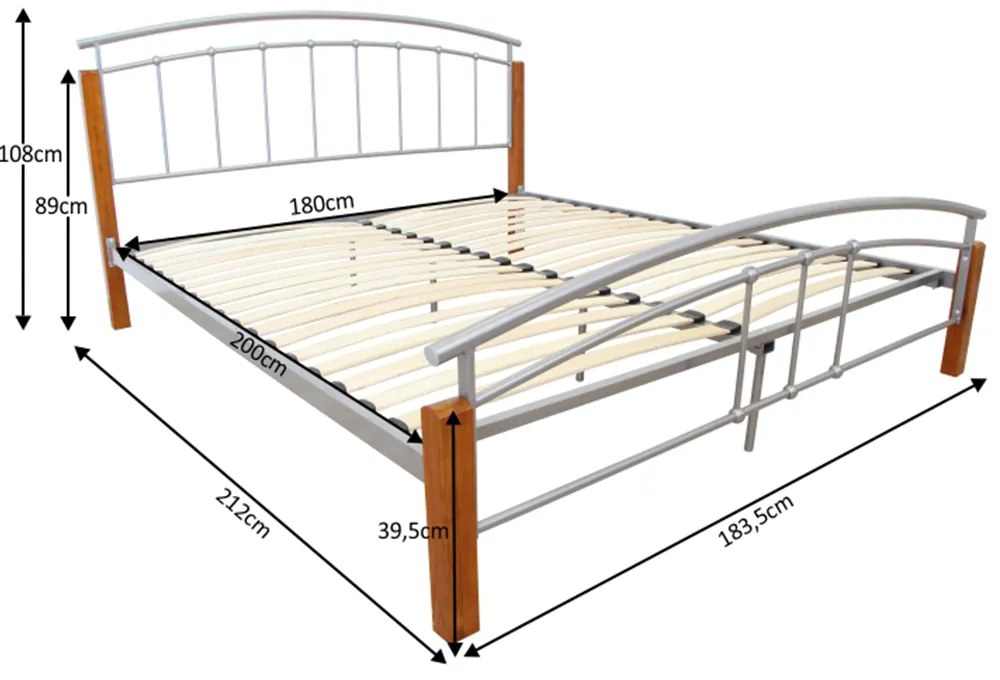 Tempo Kondela Manželská posteľ, drevo jelša/strieborný kov, 180x200, MIRELA