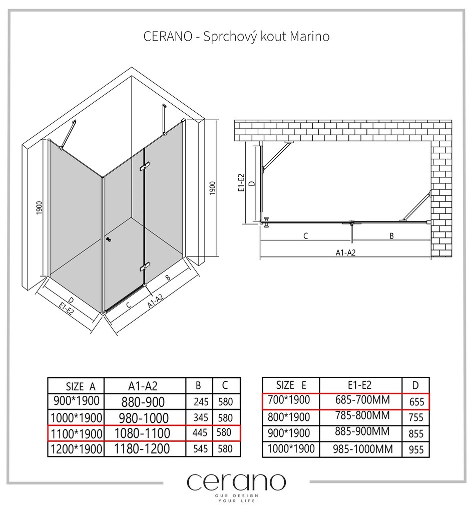 Cerano Marino, sprchovací kút 110(dvere) x 70(stena) x 190 cm, 6mm číre sklo, chrómový profil, CER-CER-422784