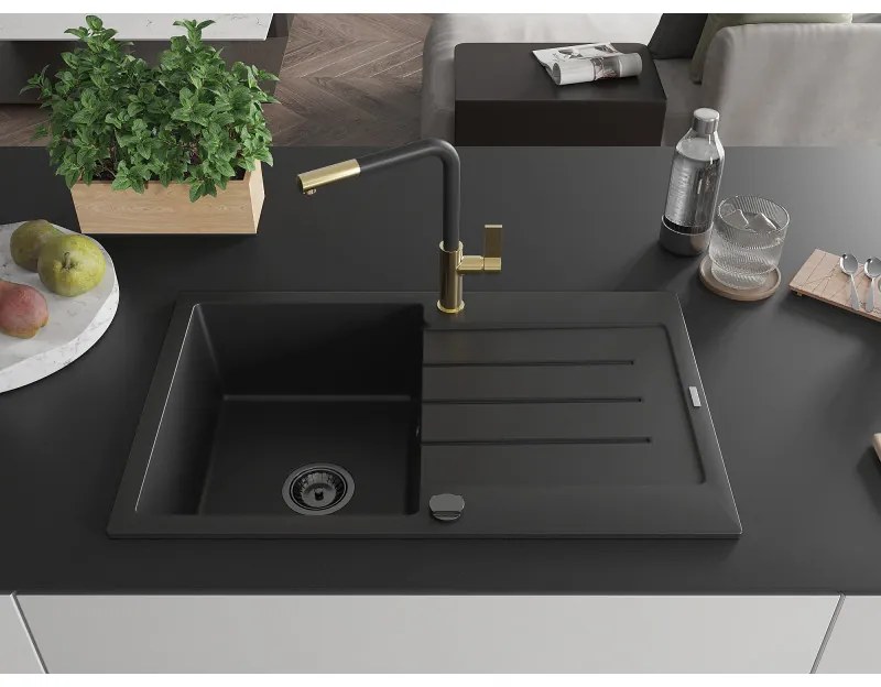 Mexen Bruno, 1-komorový granitový drez 795x495x200 mm a drezová batéria Flora, čierna, 6513-77-670401-57-B