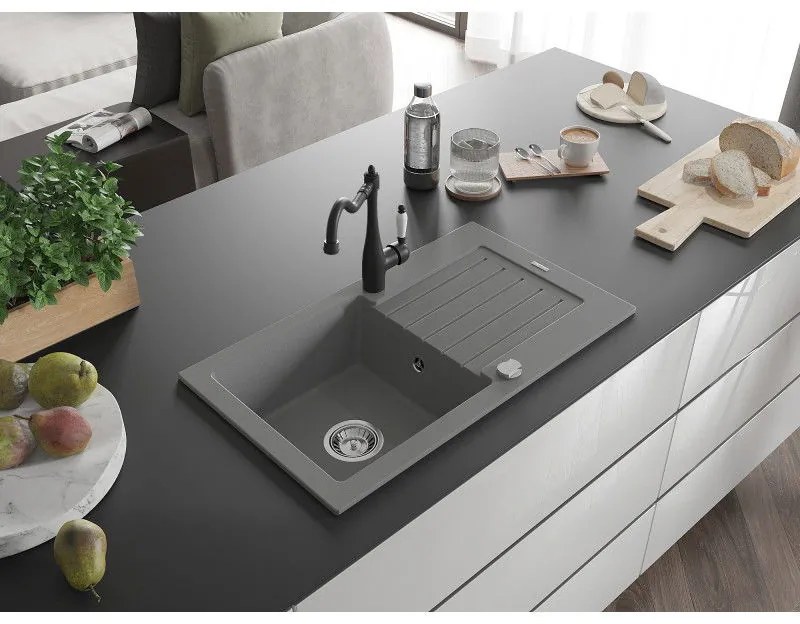 Mexen Pablo, granitový drez 752x436x161 mm, 1-komorový a drezová batéria Carla, šedá, 6510-71-670700-70