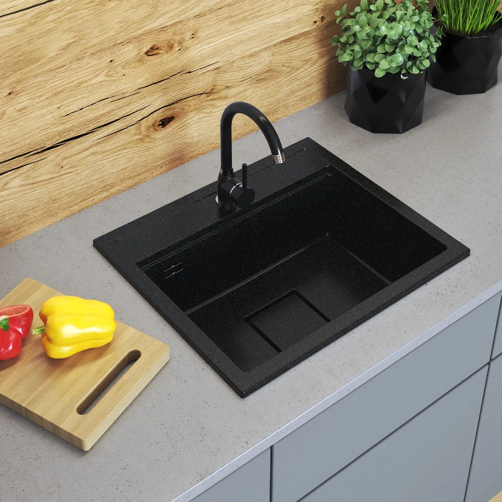 Gamma Quadro 5850, 1-komorový granitový drez 580x495x220 mm, čierna-zlatá, GMA-ZLE000232