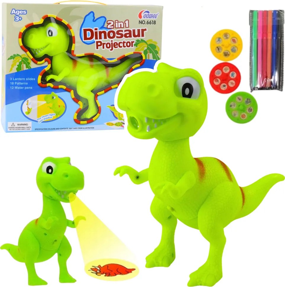LEAN Toys Detský projektor Dinosaurus T-Rex na kreslenie 18 obrázkov fixky 2 v 1