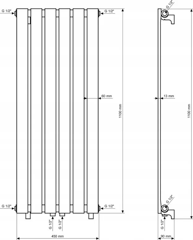 Gamma Vertical, vykurovacie teleso 450x1100 mm, 553 W, čierna matná, GMA-VERT-11045-BK