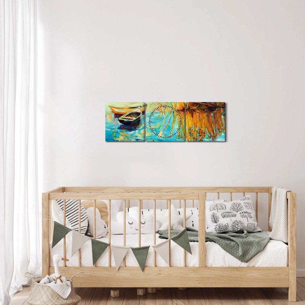 Obraz - Jazero s loďkami (s hodinami) (90x30 cm)