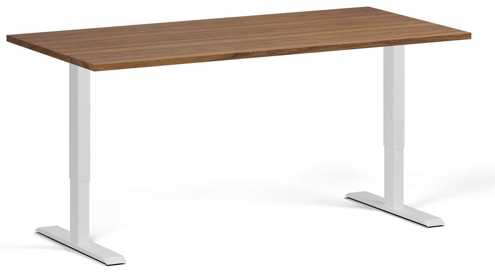 Výškovo nastaviteľný stôl, 160x80 cm, 2 motory, biela podnož, orech