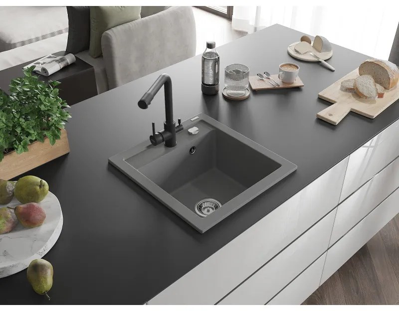 Mexen Vito, 1-komorový granitový drez 520x490x210 mm, čierna matná batéria Duero, šedá, 6503-71-671600-70
