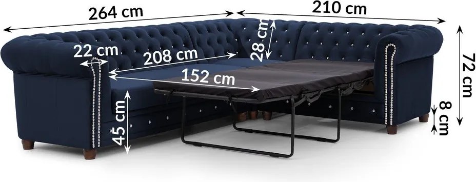 Modrá zamatová rozkladacia rohová pohovka (pravý roh/do L) York Blik – Ropez