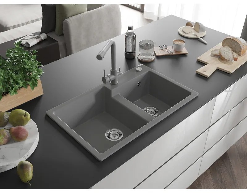 Mexen Tomas, granitový drez 800x500x190 mm, 2-komorový a šedá batéria Duero, šedá, 6516-71-671600-71