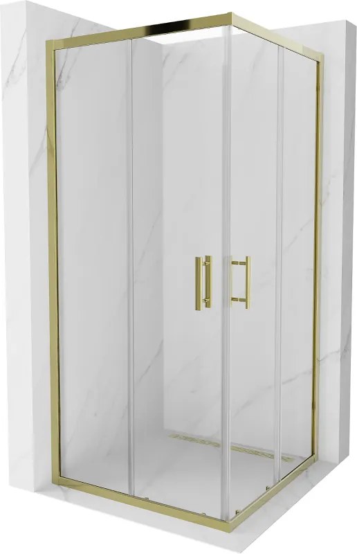 Mexen Rio, štvorcový sprchovací kút s posuvnými dverami 90(dvere) x 90(dvere) x 190 cm, 6mm číre sklo, zlatý profil, 860-090-090-50-00