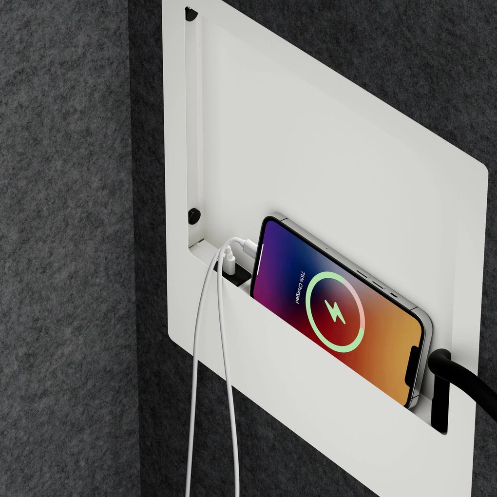 Kancelárska akustická kabína so sedadlom a portom USB-C, telo v biely / sedák tmavosivá v zelenej farbe, 600 mm: SALLY MentalBox