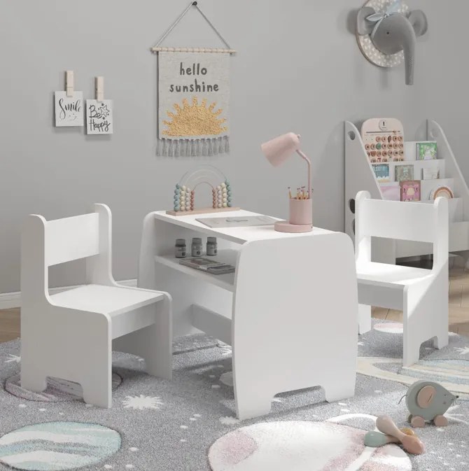 Detský set stolík a 2 stoličky s úložnou policou - biely