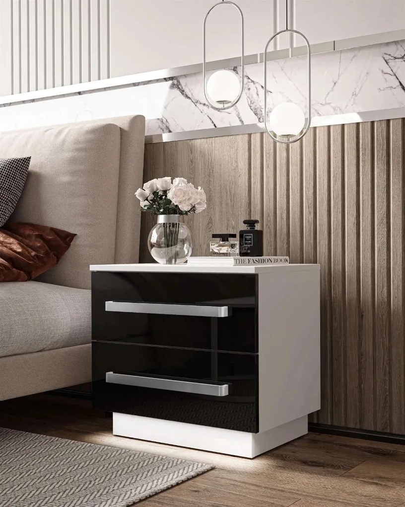 NOČNÝ STOLÍK MARION LED ČIERNE ŠUPLÍKY VYSOKÝ LESK ŠIROKÉ ÚCHYTKY