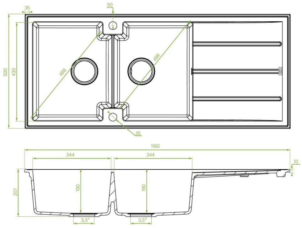 Kuchinox Laveo Canaria, 2-komorový granitový drez 1160x500x207 mm, béžová, LAV-SPC_421T