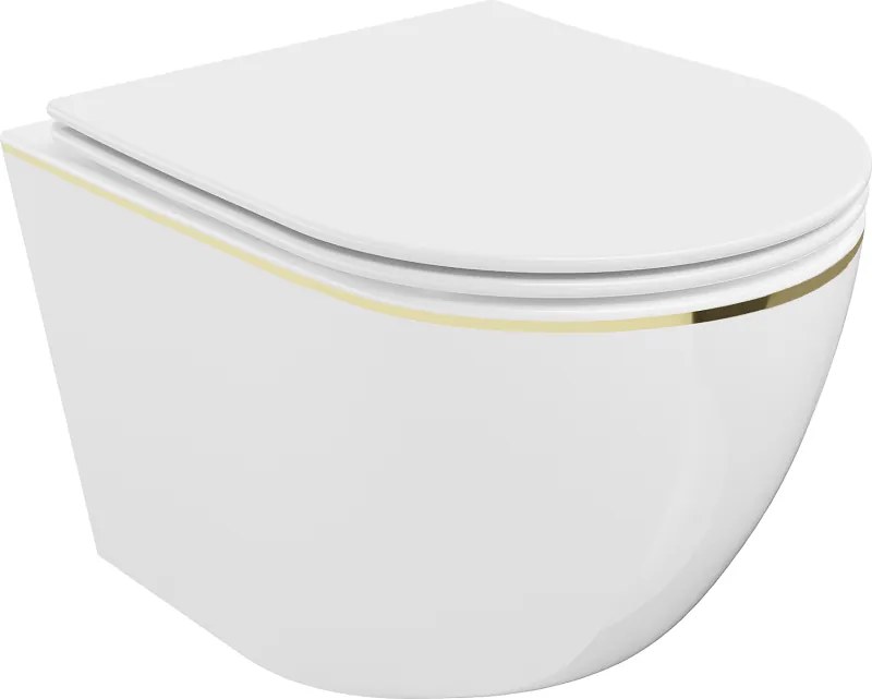 Mexen Lena WC misa Rimless so sedadlom s pomalým zatváraním slim, duroplast, biela/zlatá línia - 30224005