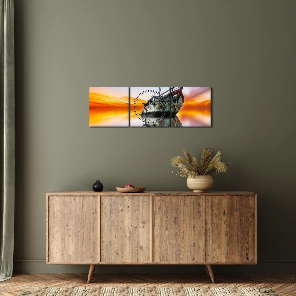 Obraz - Svitanie nad vrakom lode (s hodinami) (90x30 cm)