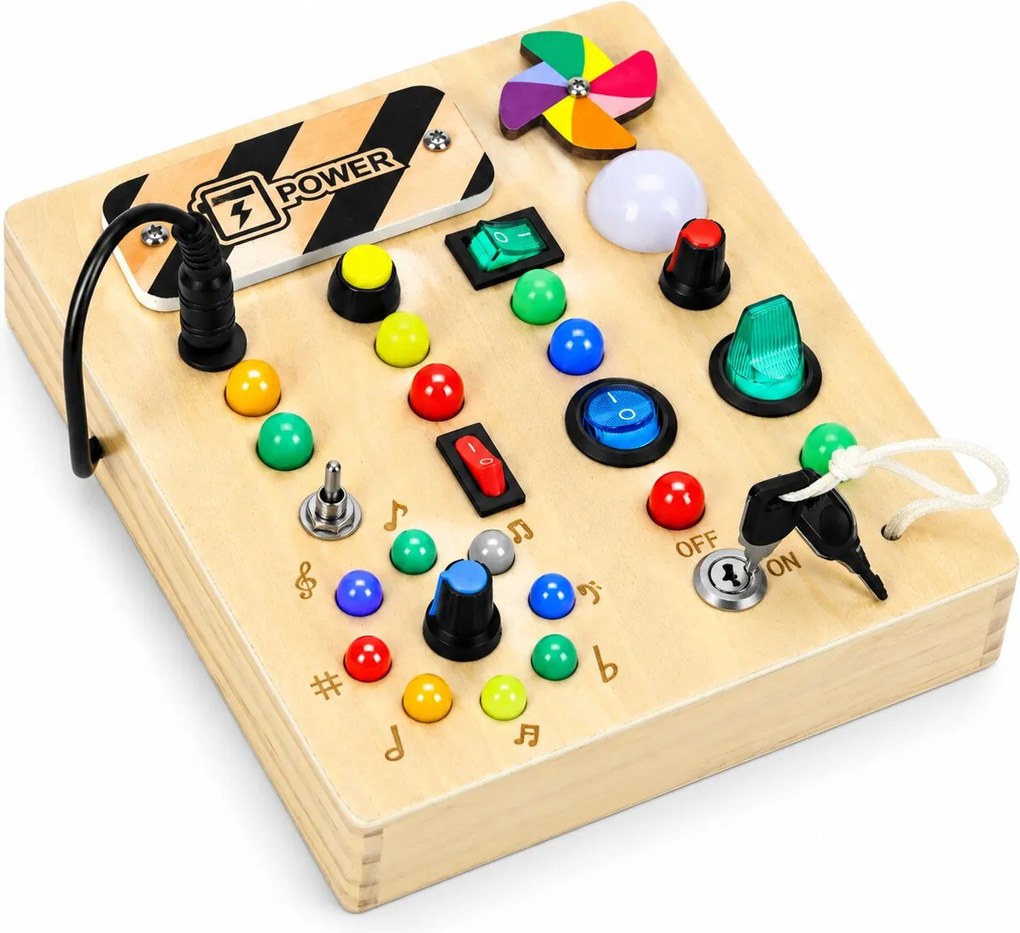 ECOTOYS Dřevěná interaktivní manipulační tabule s LED světly od 3 let