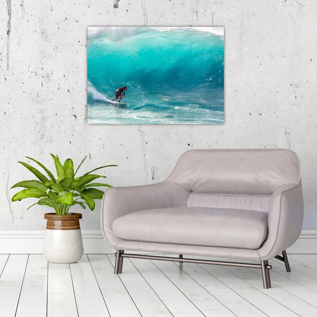 Sklenený obraz surferov vo vlnách (70x50 cm)