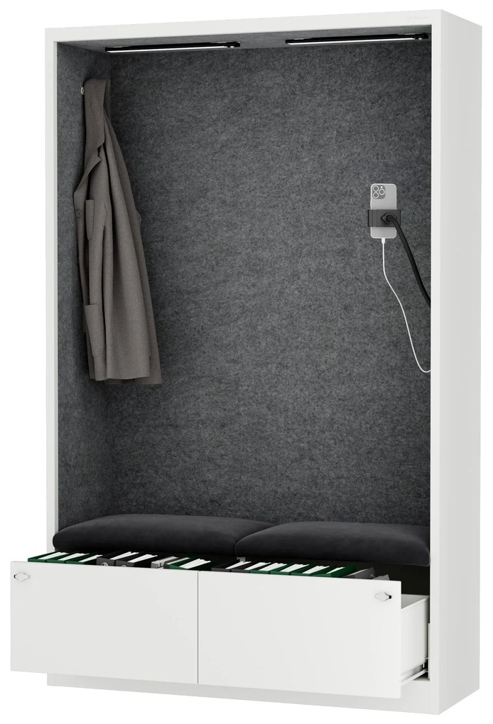 Kancelárska akustická kabína so sedadlom a portom USB-C, telo v biely / sedák tmavosivá v zelenej farbe, 1150 mm: SALLY MentalBox