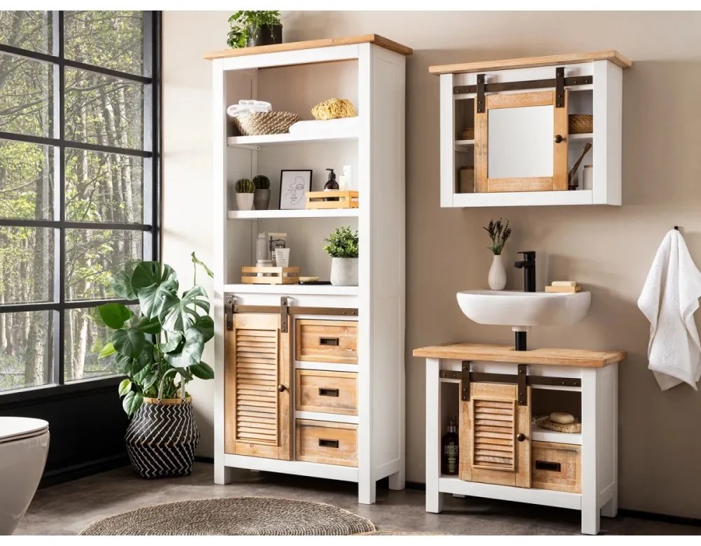 furniture-nabytek.cz - Masívna skrinka so zrkadlom Capera, borovica / MDF, lakovaná, biela / hnedá