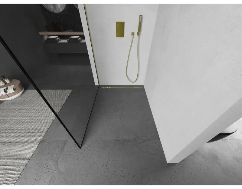 Mexen Kioto L, sprchová zástena Walk-In 60 x 200 cm, 8mm číre sklo čierny vzor, zlatý matný profil, 800-060-103-55-70