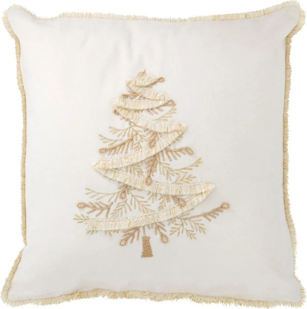 Bielozlatý vankúš so vyšívaným stromčekom a strapcami – 45*45*12 cm