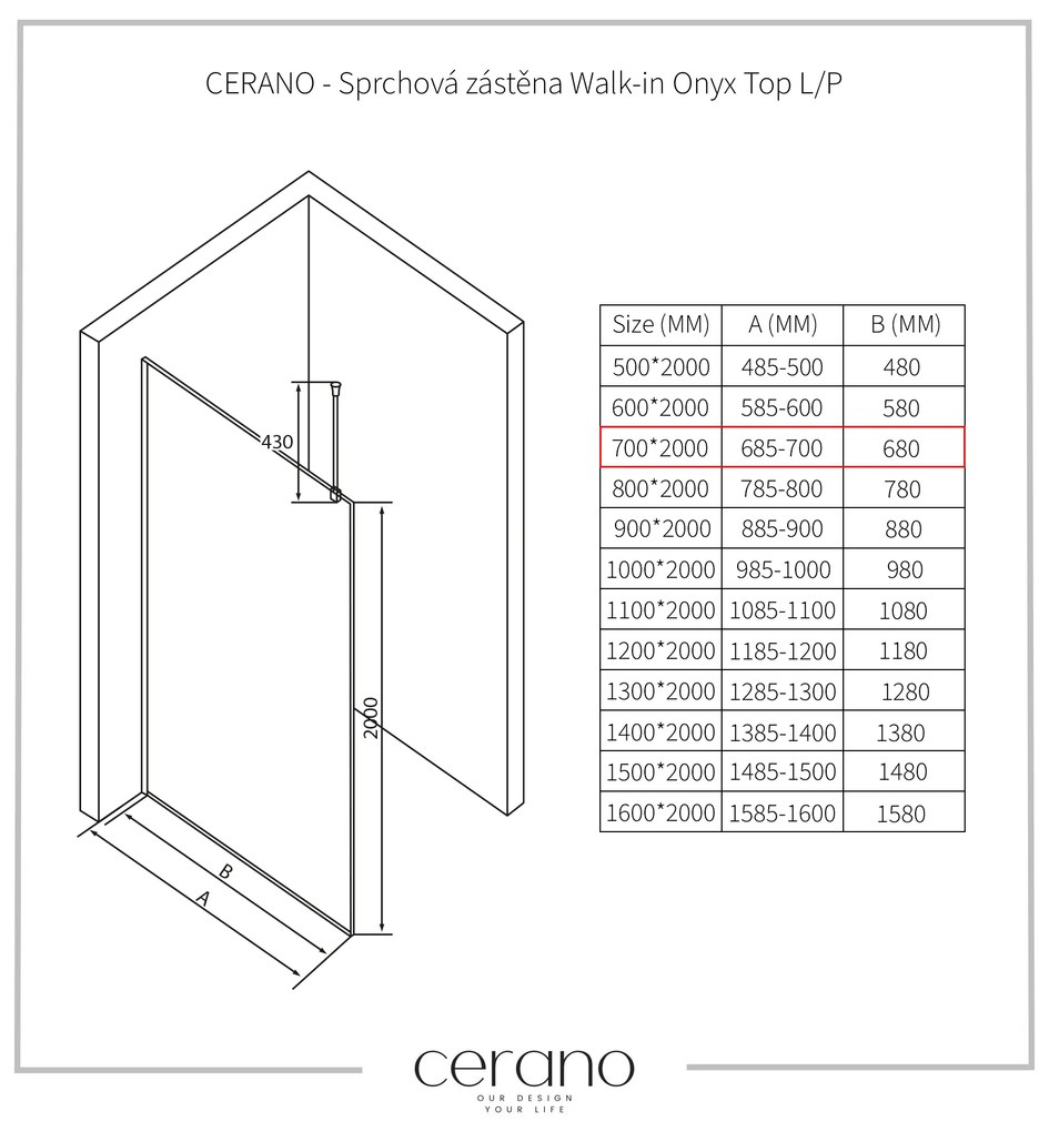 CERANO - Sprchová zástena Walk-in Onyx Top L/P - guľatá vzpera - čierna matná, transparentné sklo - 70x200 cm, CER-CER-8050BD1694