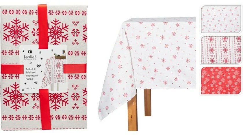 Vianočný obrus Red Snowflakes on White, 130 x 180 cm