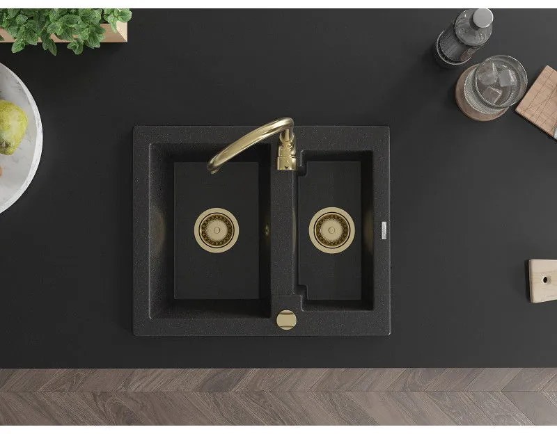 Mexen Carlos, granitový drez 582x475x177 mm, 1,5-komorový, čierna-strieborná metalíza so zlatým sifónom, 6518581500-73-G
