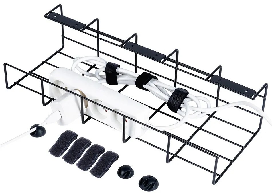 Organizér kabelů pod desku stolu, kovový, černý VILDE 43 x 17 x x 10 cm