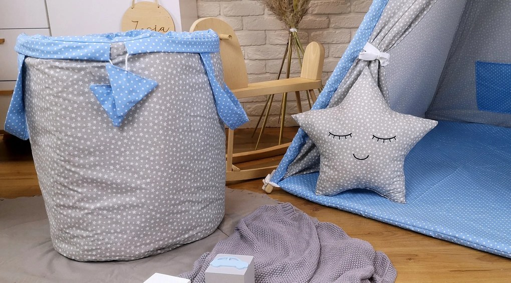 Detský kôš na hračky STARS - šedý/modrý