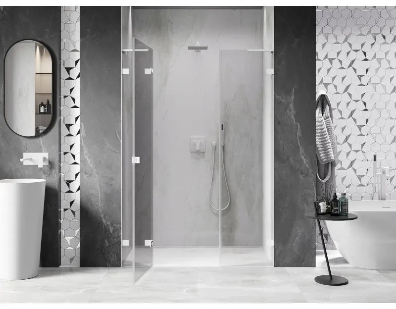 Mexen Lunar L, Otočné ľavé sprchové dvere 145 cm, 8mm číre sklo, biely profil, 834SL-145-050-20-00-L