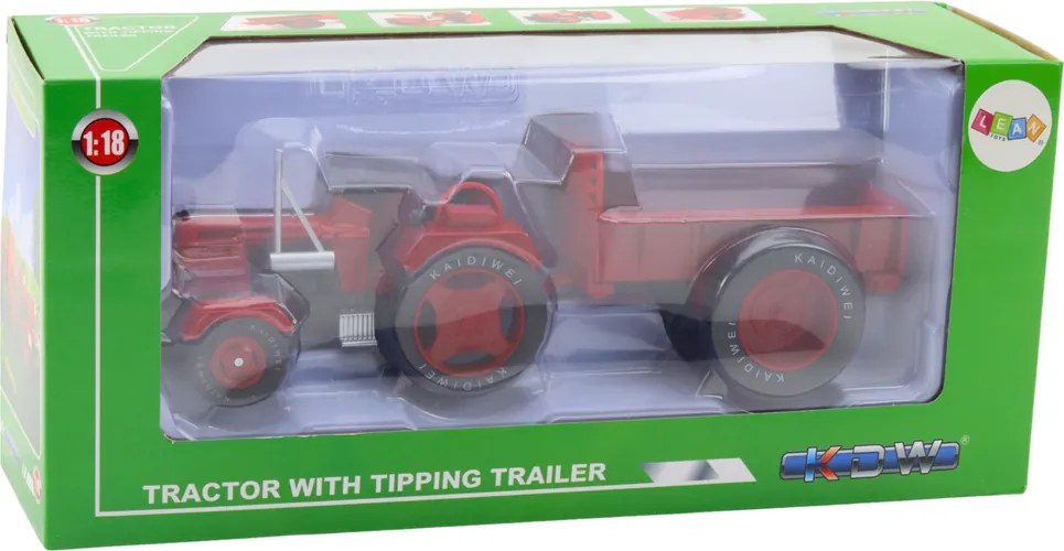 LEAN Toys Kovový poľnohospodársky traktor s prívesom, červený, v mierke 1:18