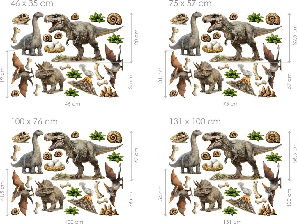 Realistické dinosaury textilní prelepiteľné nálepky na stenu hárok 46 x 35 cm