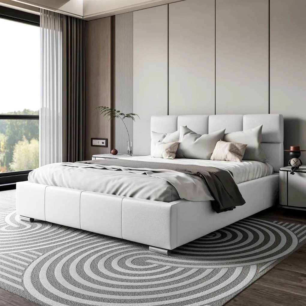 LUISI 180X200 ČALÚNENÁ MANŽELSKÁ POSTEĽ BIELA EKO-KOŽA S ÚLOŽNÝM PRIESTOROM