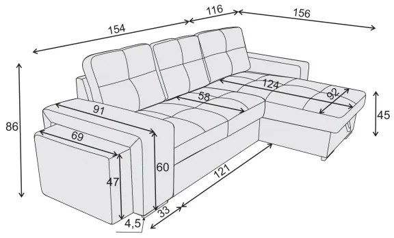 Rozkladacia sedačka s úložným priestorom a taburetom PALERMO čierna pravá