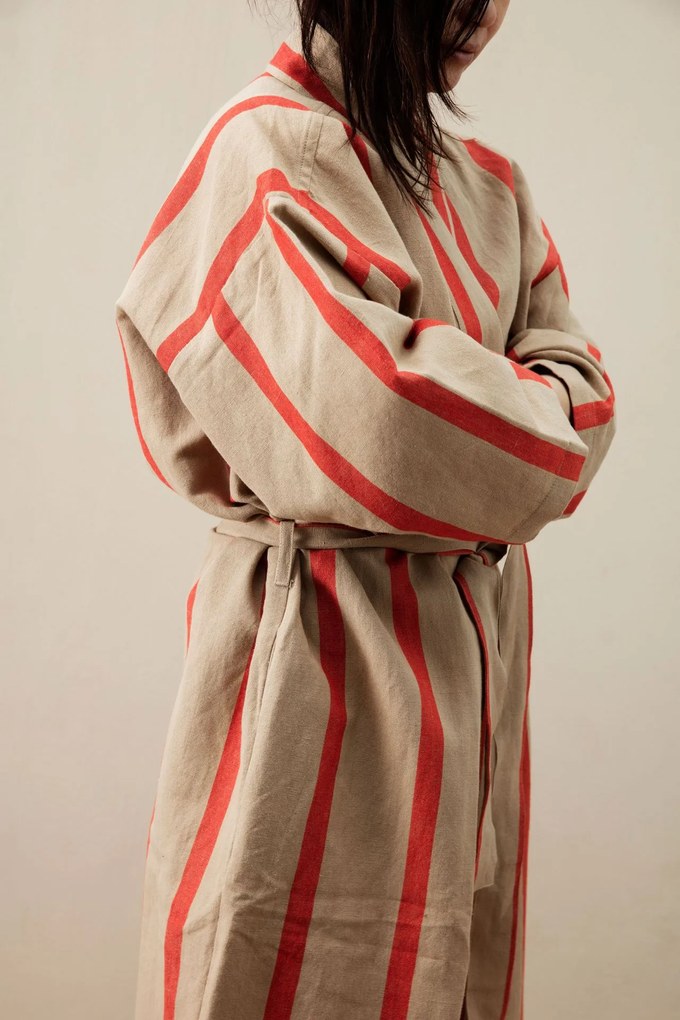 Ferm Living Ľanový župan Camel/Red