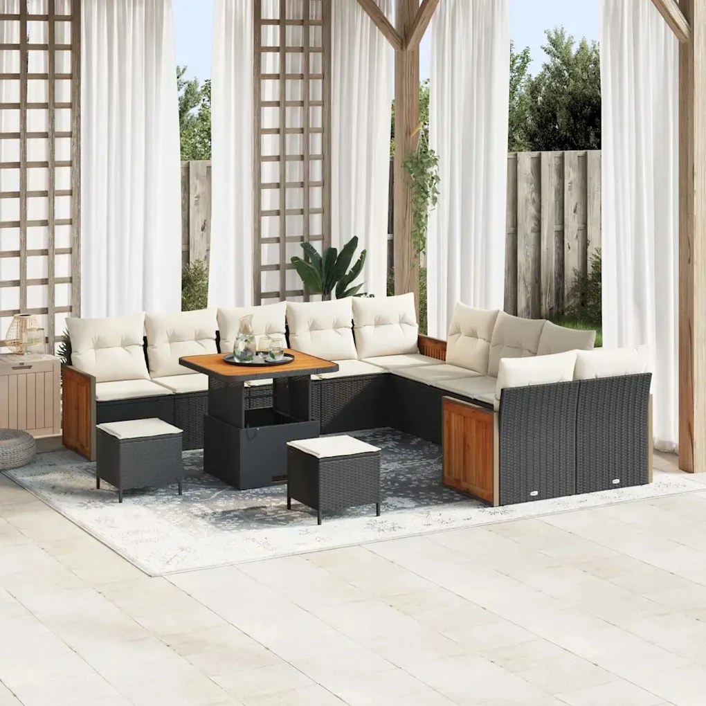 vidaXL 13-dielny záhradný gaučový set s vankúšmi Čierny Polyratan Akácia