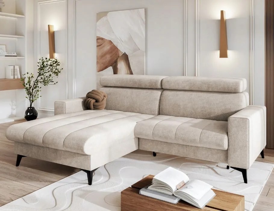 Krémová rohová sedačka s funkciou spania Bonito s nastaviteľnými opierkami hlavy.