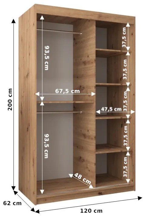 Šatníková skriňa 120 cm Toki 2 (Biela matná + Dub artisan). Vlastná spoľahlivá doprava až k Vám domov. 1064973