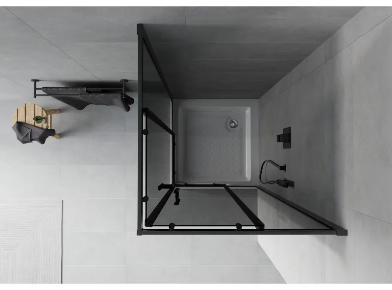 Mexen Rio, štvorcový sprchovací kút s posuvnými dverami 80(dvere) x 80(dvere) x 190 cm, 6mm šedé sklo, čierny profil + biela sprchová vanička RIO, 860-080-080-70-40-4510
