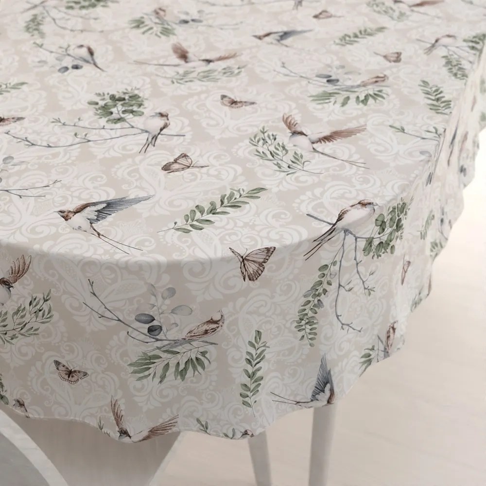 Biante Bavlnený oválny obrus Sandra SA-490 Lastovičky s motýlikmi na béžovom ornamente 120x160 cm