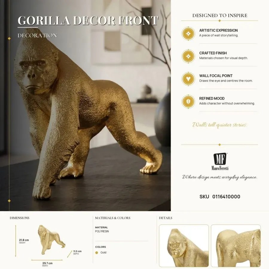 Dekoratívna soška Gorilla Front zlatá