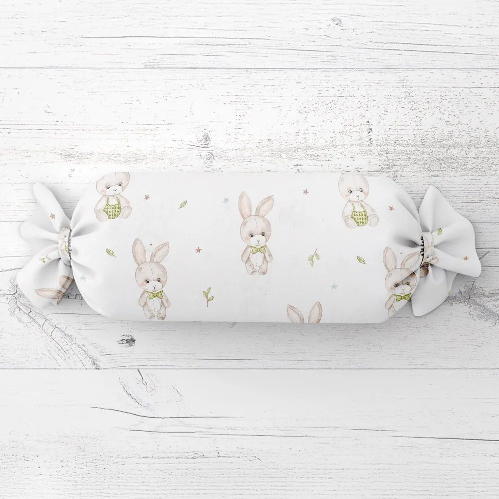 Biante Detský vankúš valec bonbon Sandra SA-401 Zajačiky na bielom 15x40 cm