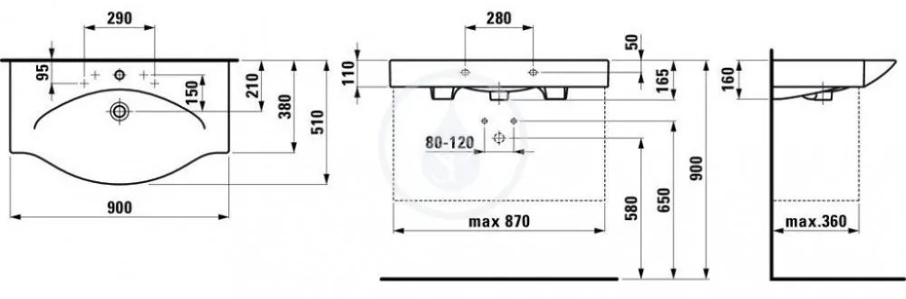 LAUFEN Palace Umývadlo do nábytku, 900 mm x 510 mm, biela – s 3 otvormi na batériu H8117020001081